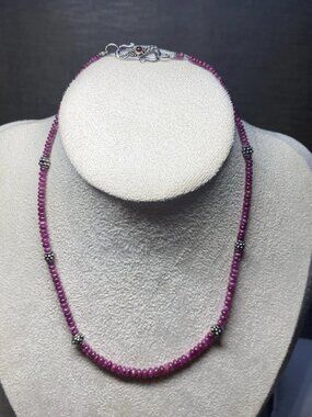 Natural Ruby Beaded Necklace 14” Sterling Silver 925 Clasp Rondelle Pink Ruby